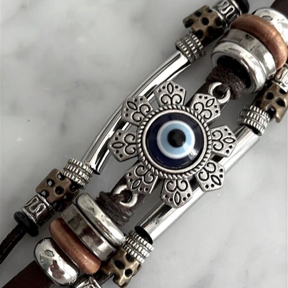 Evil Eye Cuff Bracelet – 8” Brown Leather Boho Style - Picture 6 of 9